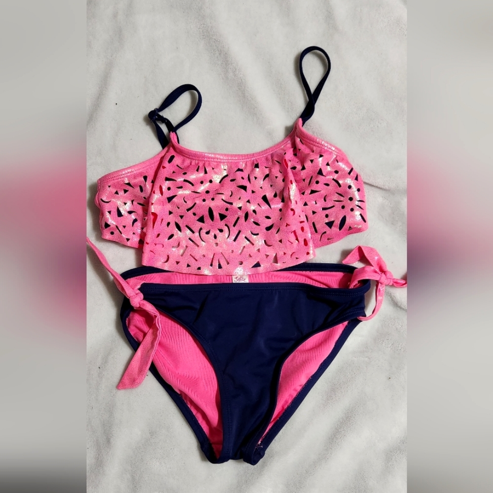 NWOT Justice 2 piece bathing suit, bikini, pink and navy size 10
